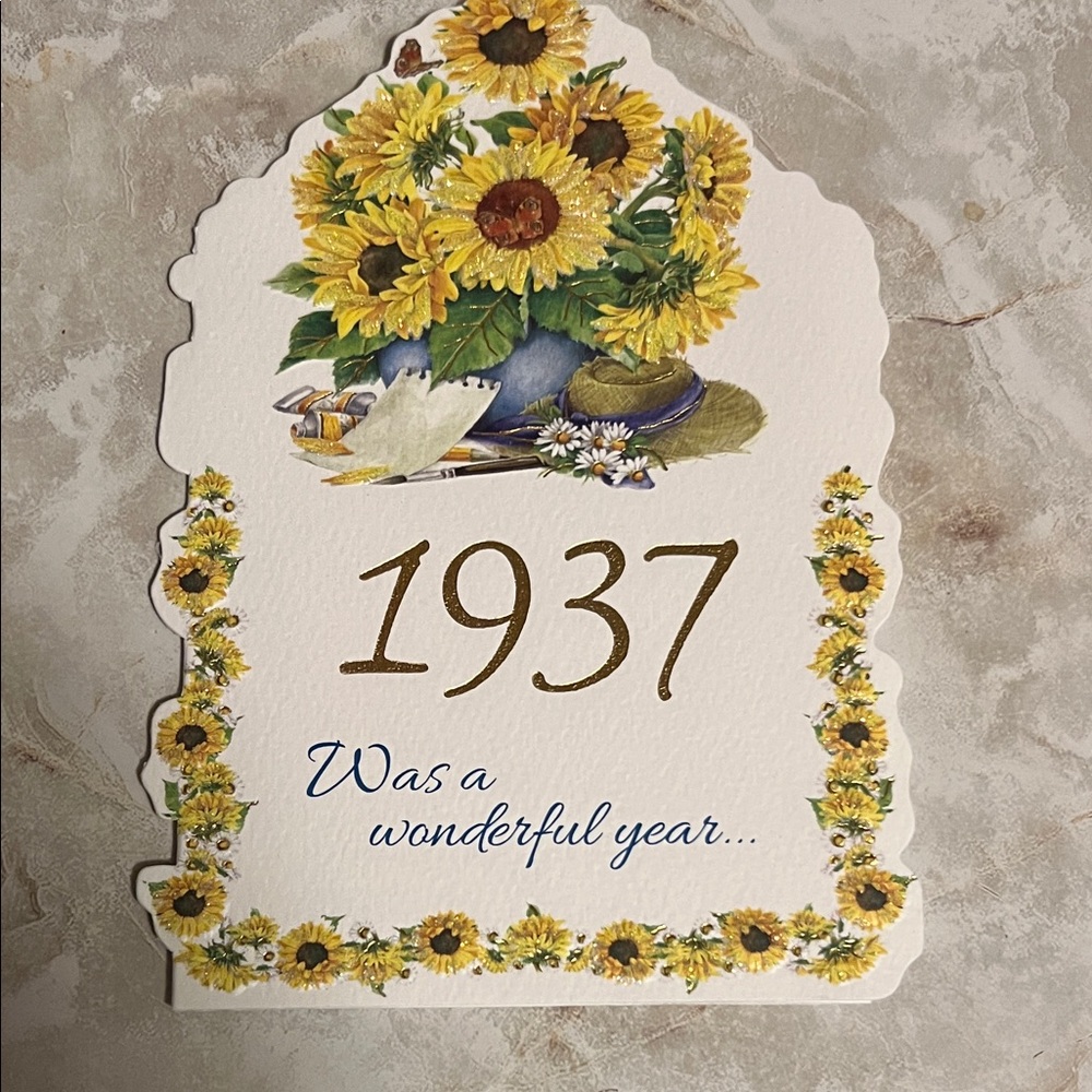 Sunflower 1937 Birthday card. Tri fold opening with white envelope.